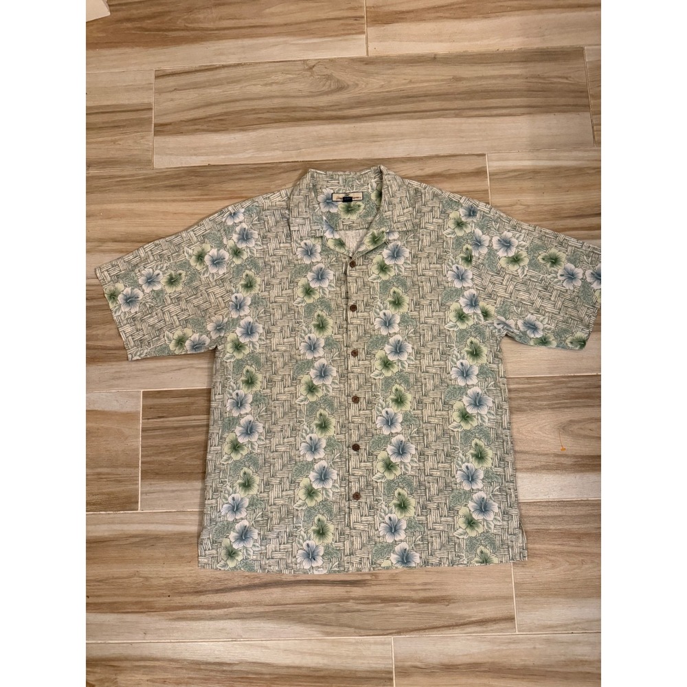 Tommy Bahama Mens Large Silk Hibiscus Floral Camp Shirt‎ Green Blue Tropical L